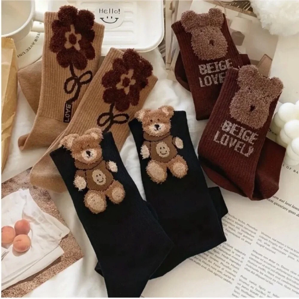 Women's Socks & Hosiery 3 Pairs Teddy Bear Print Socks Comfy Cute Mid Tube Socks
